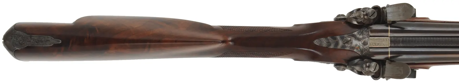 Double Barrel Flint Shotgun,
28 gauge, 26" barrels,
flintlock, checkered walnut, iron,
used, by D. Johnson & J. Cannon