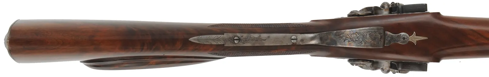 Double Barrel Flint Shotgun,
28 gauge, 26" barrels,
flintlock, checkered walnut, iron,
used, by D. Johnson & J. Cannon