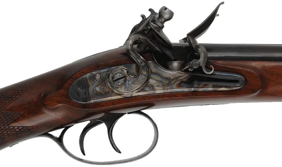 Double Barrel Flint Shotgun,
28 gauge, 26" barrels,
flintlock, checkered walnut, iron,
used, by D. Johnson & J. Cannon