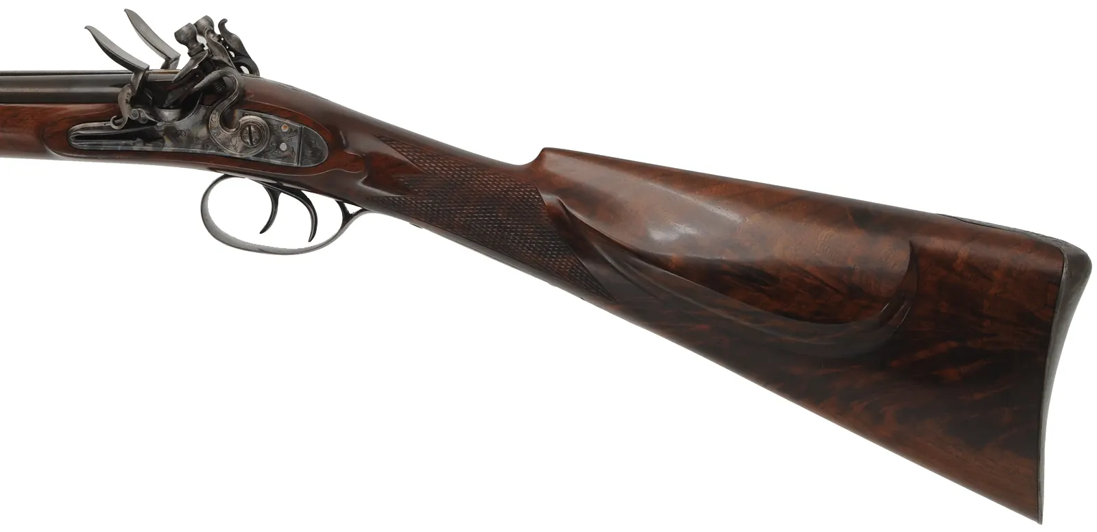 Double Barrel Flint Shotgun,
28 gauge, 26" barrels,
flintlock, checkered walnut, iron,
used, by D. Johnson & J. Cannon