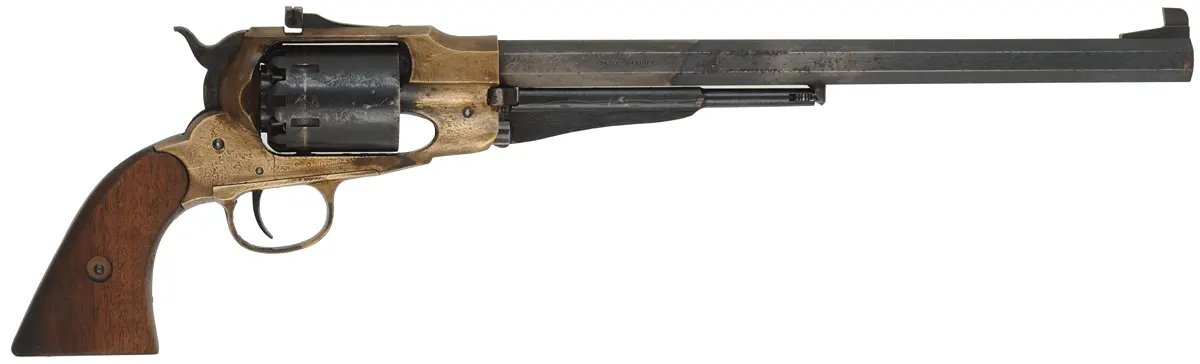 1858 Remington Bison Revolver,
.44 caliber, 12" barrel,
percussion, brass frame, target sights, 
used, from a kit by Euroarms