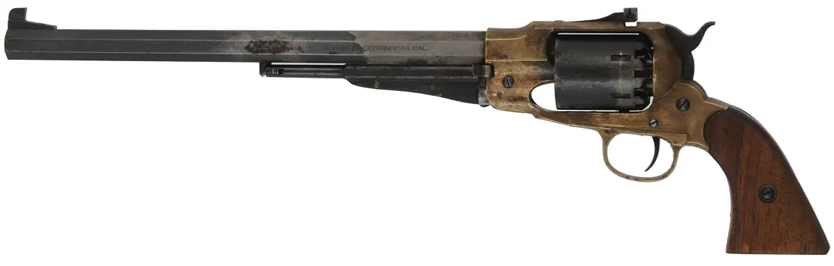 1858 Remington Bison Revolver,
.44 caliber, 12" barrel,
percussion, brass frame, target sights, 
used, from a kit by Euroarms