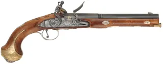 French Holster Pistol,
.50 caliber, 9" octagon-to-round barrel,
flintlock, maple, brass and nickel silver trim, 
new, by Ken Brady