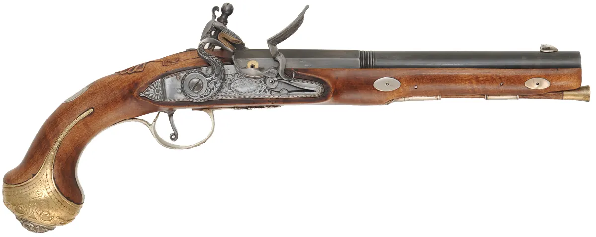 French Holster Pistol,
.50 caliber, 9" octagon-to-round barrel,
flintlock, maple, brass and nickel silver trim, 
new, by Ken Brady