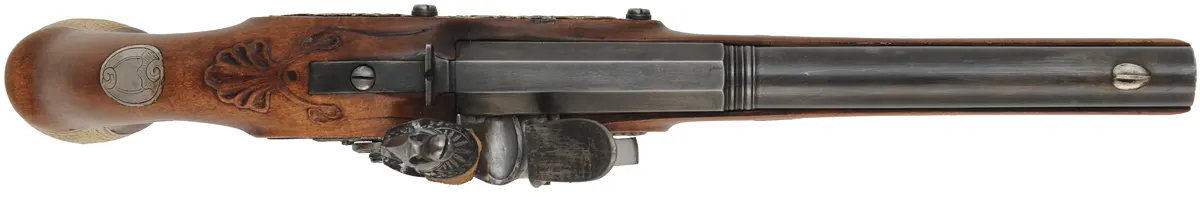 French Holster Pistol,
.50 caliber, 9" octagon-to-round barrel,
flintlock, maple, brass and nickel silver trim, 
new, by Ken Brady