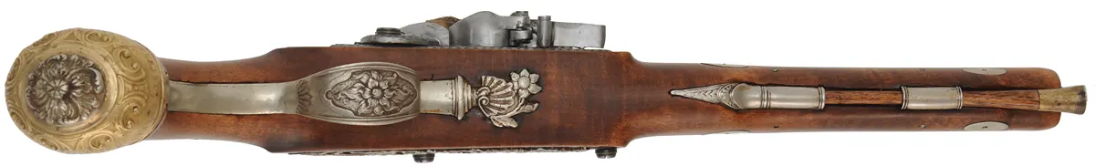French Holster Pistol,
.50 caliber, 9" octagon-to-round barrel,
flintlock, maple, brass and nickel silver trim, 
new, by Ken Brady