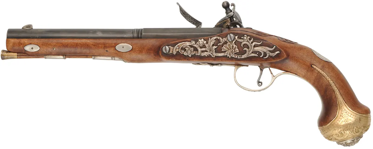 French Holster Pistol,
.50 caliber, 9" octagon-to-round barrel,
flintlock, maple, brass and nickel silver trim, 
new, by Ken Brady