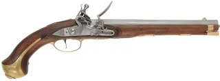 French Holster Pistol,
.20 gauge smoothbore, 12" octagon-to-round barrel,
L&R flintlock, walnut, brass trim, 
new, by Ken Brady