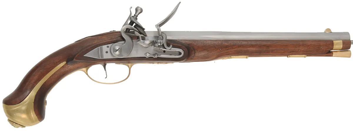French Holster Pistol,
.20 gauge smoothbore, 12" octagon-to-round barrel,
L&R flintlock, walnut, brass trim, 
new, by Ken Brady