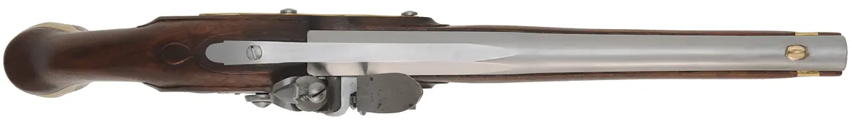 French Holster Pistol,
.20 gauge smoothbore, 12" octagon-to-round barrel,
L&R flintlock, walnut, brass trim, 
new, by Ken Brady