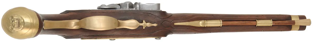 French Holster Pistol,
.20 gauge smoothbore, 12" octagon-to-round barrel,
L&R flintlock, walnut, brass trim, 
new, by Ken Brady