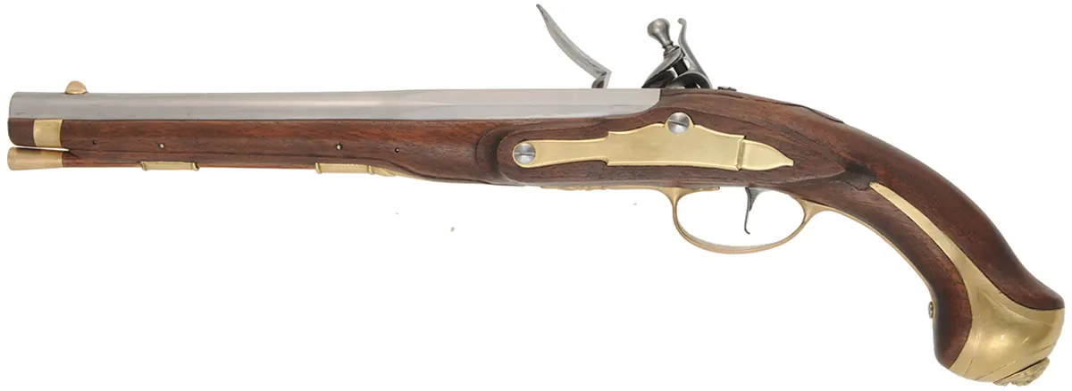 French Holster Pistol,
.20 gauge smoothbore, 12" octagon-to-round barrel,
L&R flintlock, walnut, brass trim, 
new, by Ken Brady
