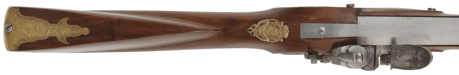 Doglock Trade Musket,
.77 caliber smoothbore, 46" octagon-to-round barrel,
flintlock, walnut, brass and iron, 
used, by Ken Brady