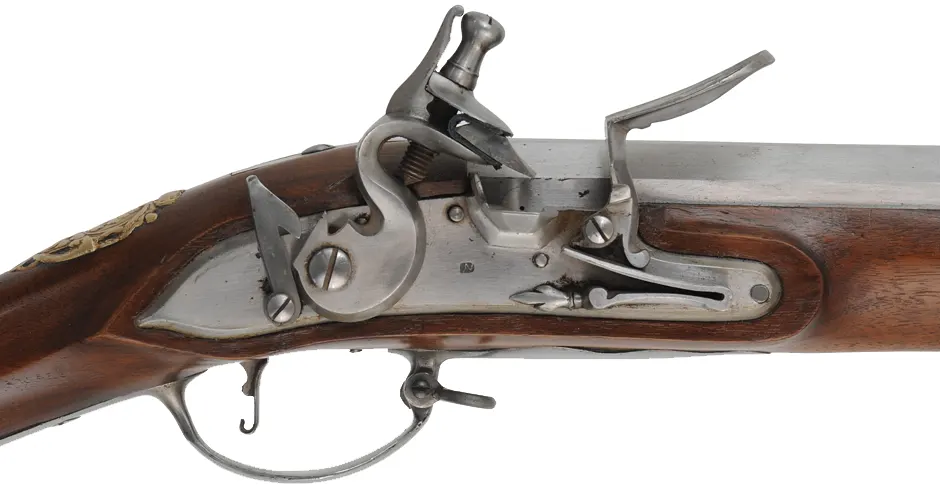 Doglock Trade Musket,
.77 caliber smoothbore, 46" octagon-to-round barrel,
flintlock, walnut, brass and iron, 
used, by Ken Brady