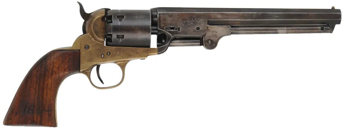 1851 Colt  Revolver,
.36 caliber, 7-1/2" barrel,
percussion, brass frame, spurious CSA markings,
used, made in Italy by DGG