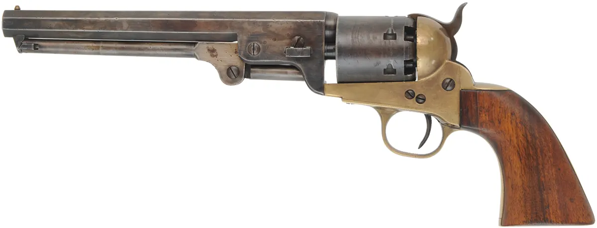 1851 Colt  Revolver,
.36 caliber, 7-1/2" barrel,
percussion, brass frame, spurious CSA markings,
used, made in Italy by DGG