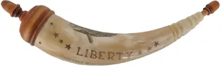 Powder Horn,
11", scrimshaw eagle,
liberty & freedom, used