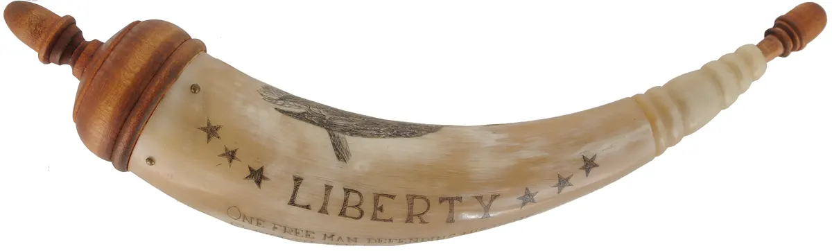 Powder Horn,
11", scrimshaw eagle,
liberty & freedom, used