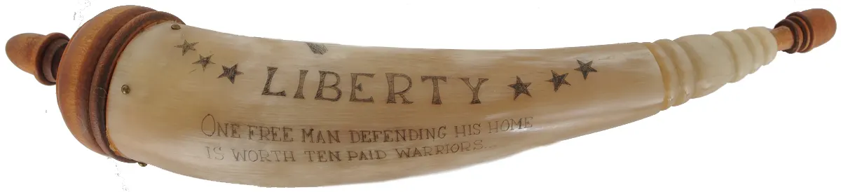 Powder Horn,
11", scrimshaw eagle,
liberty & freedom, used