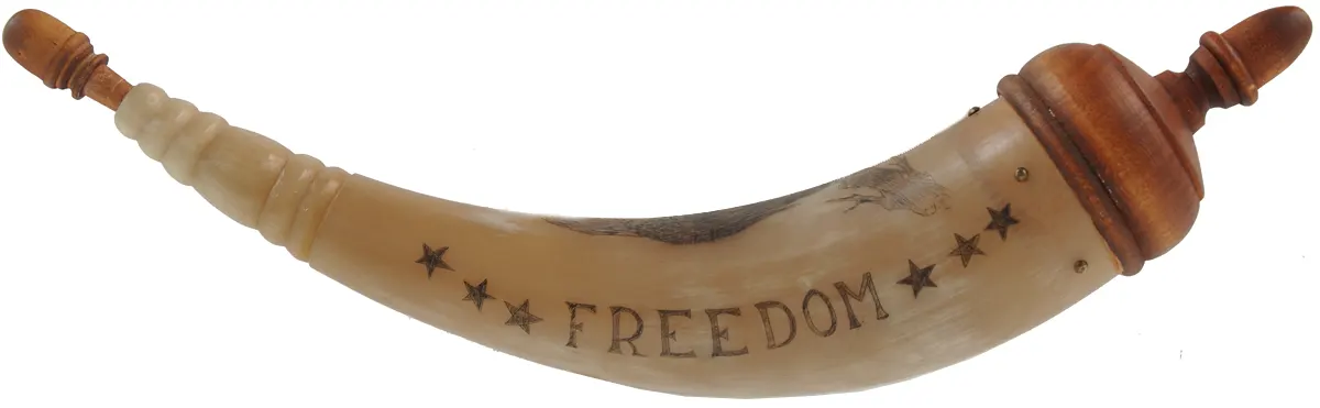 Powder Horn,
11", scrimshaw eagle,
liberty & freedom, used