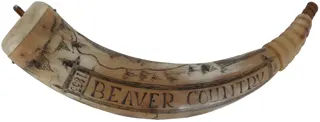 Powder Horn,
10-1/2", bone plug,
scrimshaw "Beaver Country", used
