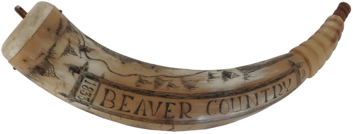 Powder Horn,
10-1/2", bone plug,
scrimshaw "Beaver Country", used