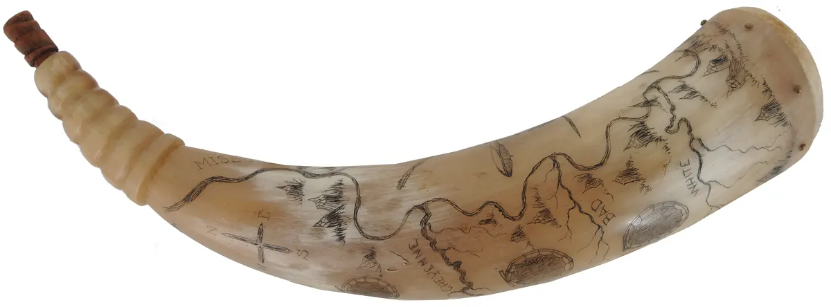 Powder Horn,
10-1/2", bone plug,
scrimshaw "Beaver Country", used