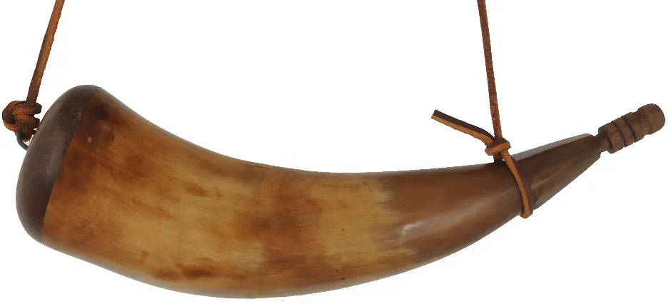 Powder Horn,
10-1/2", patina finished, 
with leather strap