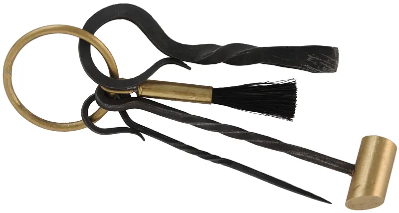 Rifleman's Tools,
vent pick, screwdriver, knapping hammer, pan brush,
on brass ring, used