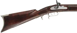 Halfstock Rifle,
.45 caliber, 33-1/2" Rice barrel,
Siler percussion, maple, iron, nickel silver,
used, by P. Sheets  