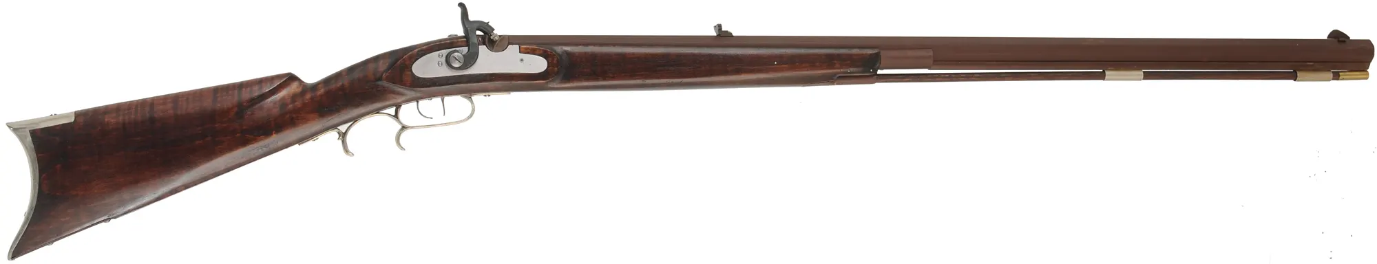 Halfstock Rifle,
.45 caliber, 33-1/2" Rice barrel,
Siler percussion, maple, iron, nickel silver,
used, by P. Sheets  