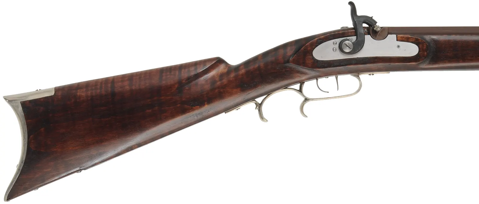 Halfstock Rifle,
.45 caliber, 33-1/2" Rice barrel,
Siler percussion, maple, iron, nickel silver,
used, by P. Sheets  