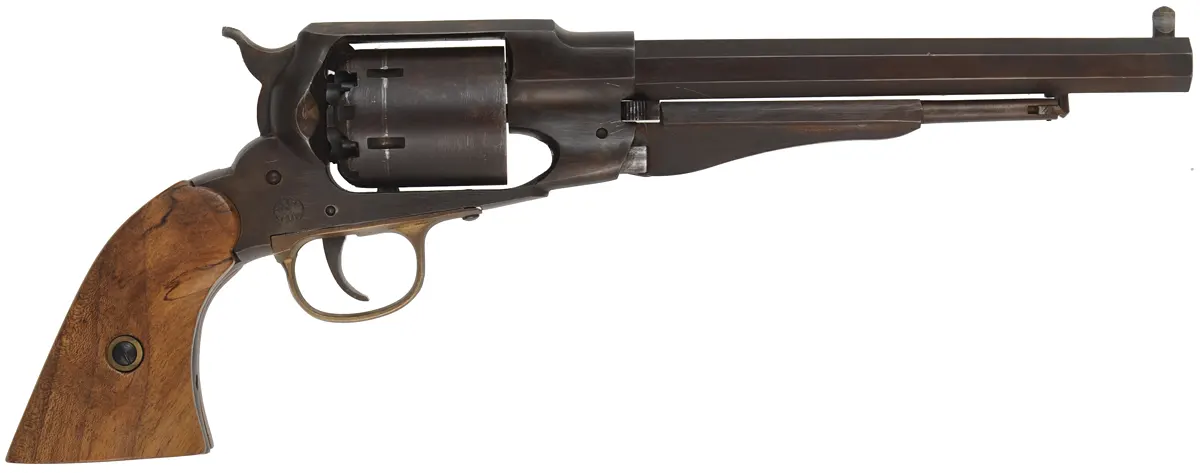 1858 Remington New Model Army Revolver,
.44 caliber, 8" barrel,
percussion, browned,
used, from a kit by Armi San Marco, for CVA