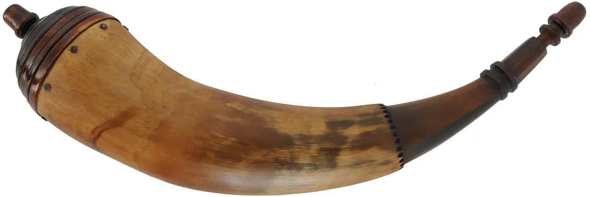 Powder Horn,
14", turned beehive base,
engrailed, paneled neck
