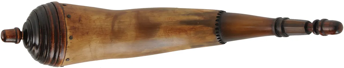 Powder Horn,
14", turned beehive base,
engrailed, paneled neck

