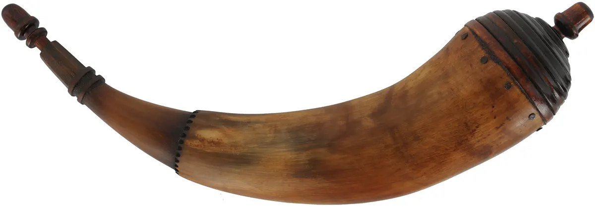 Powder Horn,
14", turned beehive base,
engrailed, paneled neck
