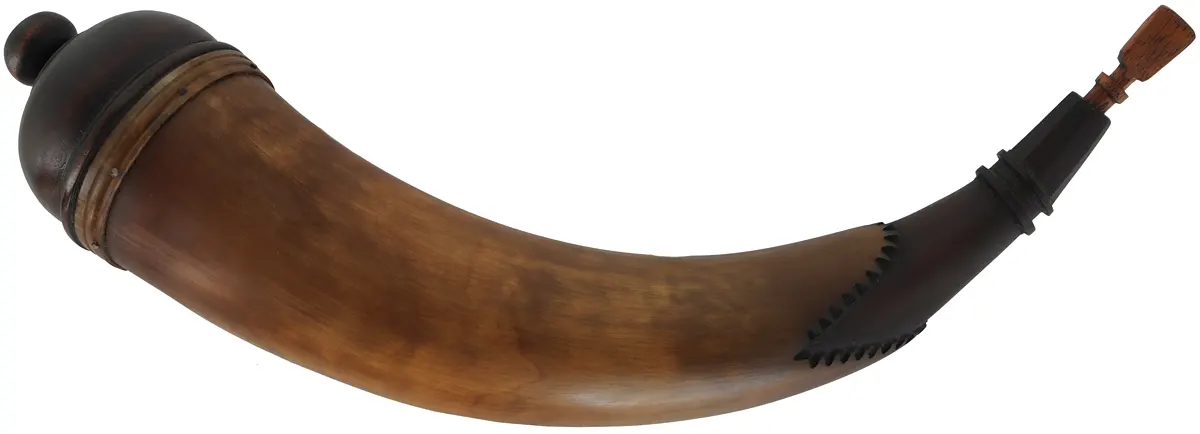 Powder Horn,
13-1/2", paneled tip,
tansel throat, domed base