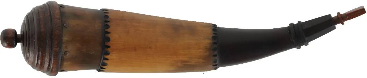 Powder Horn,
11-1/2", beehive base,
engrailed, paneled neck