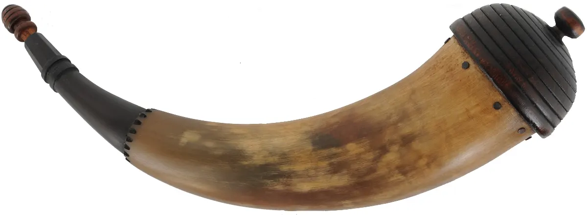 Powder Horn,
14-1/2", beehive base,
engrailed, paneled neck