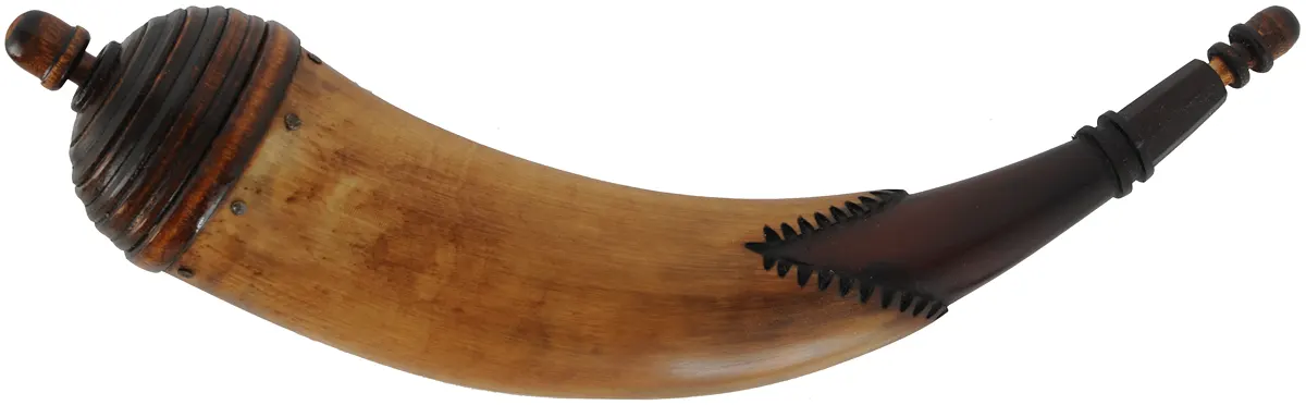 Powder Horn,
13", paneled tip,
tansel throat, turned base