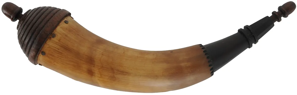 Powder Horn,
12-1/4", turned beehive base,
engrailed, paneled neck
