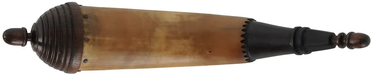 Powder Horn,
12-1/4", turned beehive base,
engrailed, paneled neck
