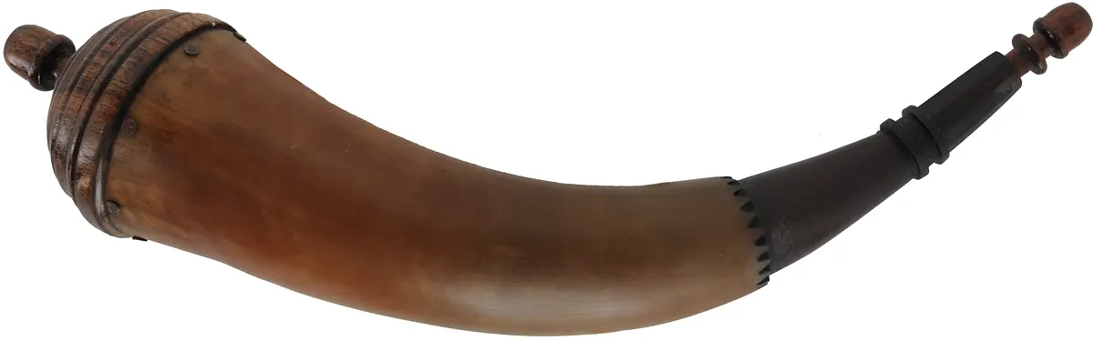 Powder Horn,
12", turned beehive base,
engrailed, paneled neck
