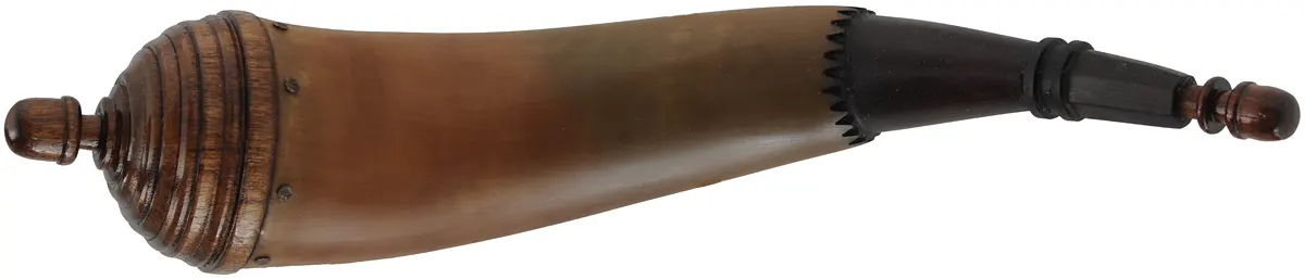 Powder Horn,
12", turned beehive base,
engrailed, paneled neck
