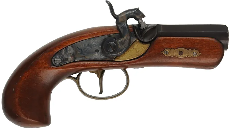 Derringer Pistol,
.45 caliber,  2-1/2" barrel, 
percussion, beech, brass trim,
used, from a kit, made in Spain for Dikar