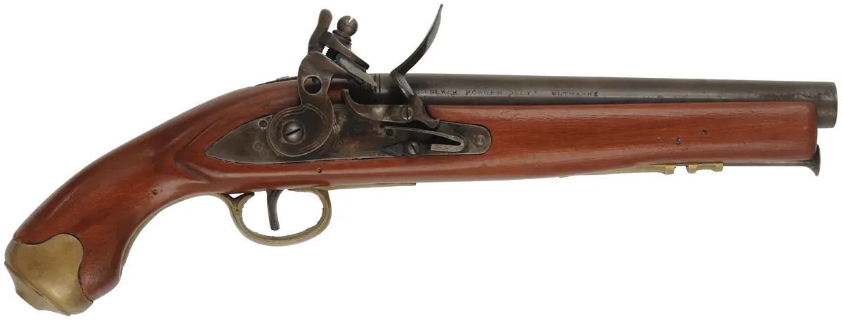 Sea Service Pistol,
.67 caliber smoothbore, 9" barrel, 
flintlock, beech, brass, 
used, made in Japan by Miroku