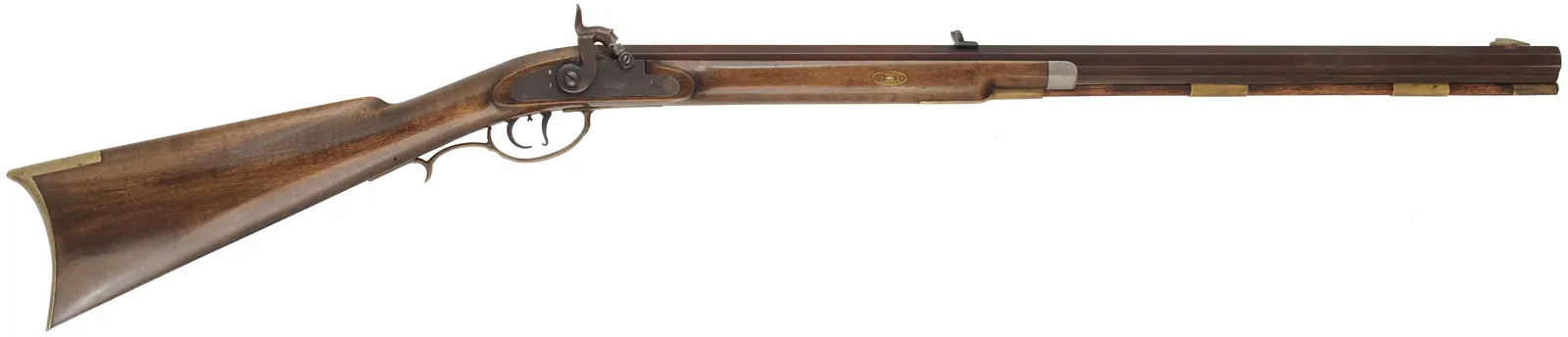 Half Stock Rifle,
.40 caliber, 28" Sharon barrel,
Schillinger percussion, maple, brass trim, 
used, by Ted Fellowes, Beaver Lodge