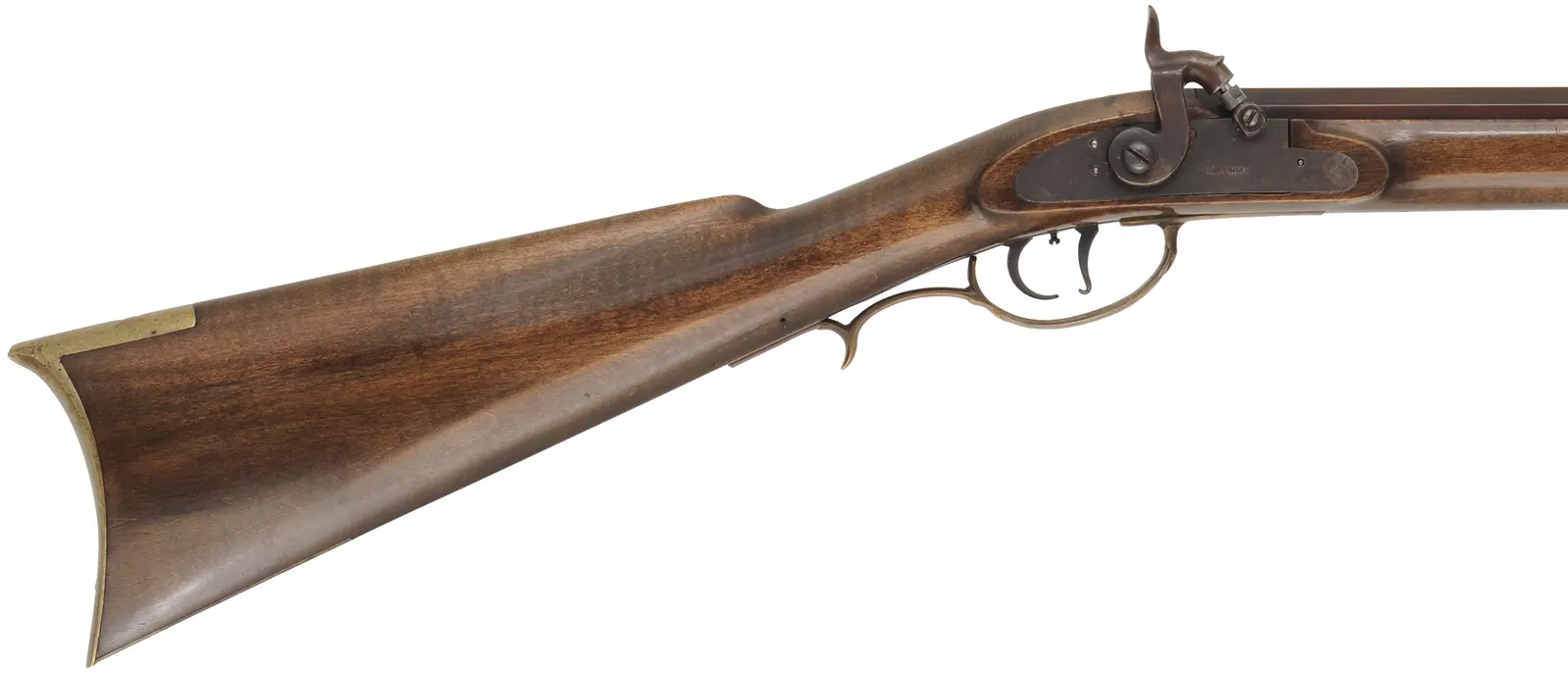 Half Stock Rifle,
.40 caliber, 28" Sharon barrel,
Schillinger percussion, maple, brass trim, 
used, by Ted Fellowes, Beaver Lodge