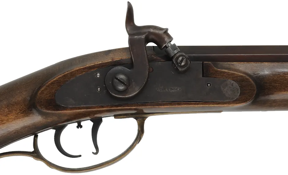 Half Stock Rifle,
.40 caliber, 28" Sharon barrel,
Schillinger percussion, maple, brass trim, 
used, by Ted Fellowes, Beaver Lodge