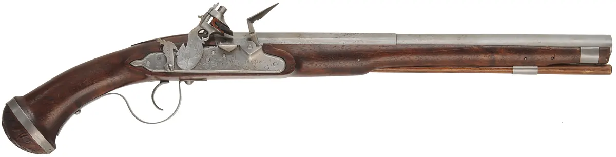 Doglock Flint Pistol,
.56 caliber smoothbore, 13-1/2" octagon-to-round barrel,
walnut, iron trim,
used, by L. Day and Sons